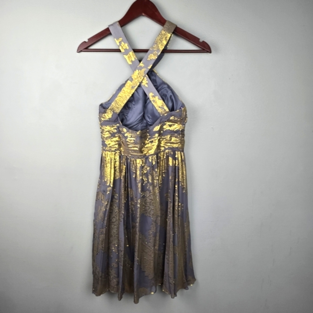NV COUTURE Silk Mini Dress Halter Metallic Glam Gold Gray Women Size 4 Cocktail - Picture 4 of 10